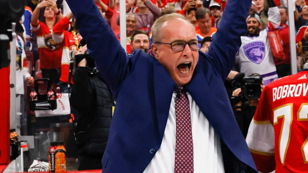 Head coach Paul Maurice of the Florida Panthers lifts the Stanley Cup after Florida’s 2-1 victory against the Edmonton Oilers in Game Seven of the 2024 Stanley Cup Final. (Source: Bruce Bennett/Getty Images)