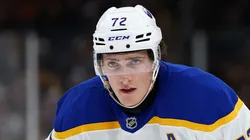 Tage Thompson #72 of the Buffalo Sabres looks on during the second period against the Boston Bruins at TD Garden on December 21, 2024 in Boston, Massachusetts.