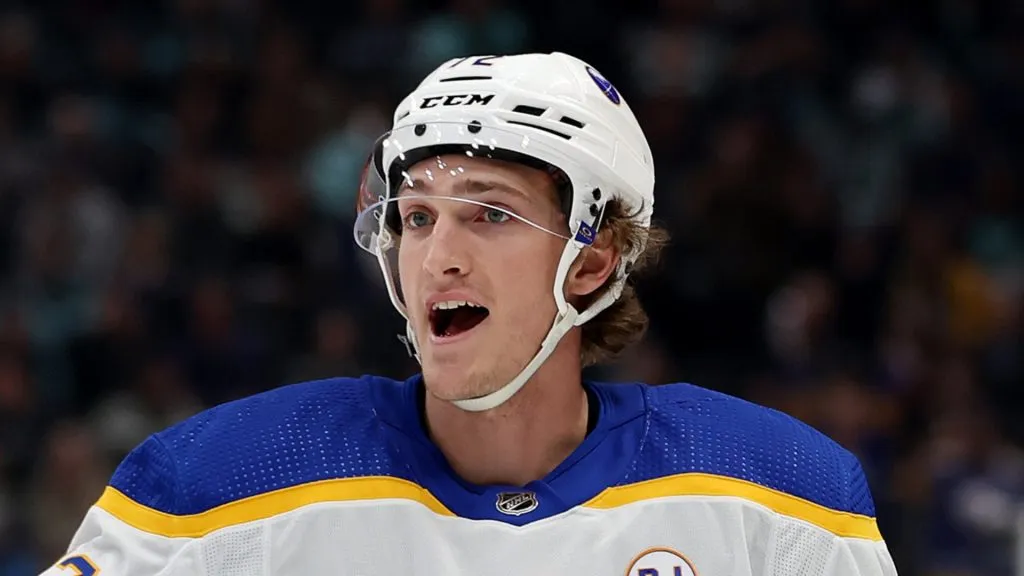 Tage Thompson #72 of the Buffalo Sabres celebrates his assist on a goal by Alex Tuch #89 during the first period against the Seattle Kraken at Climate Pledge Arena on March 18, 2024 in Seattle, Washington.