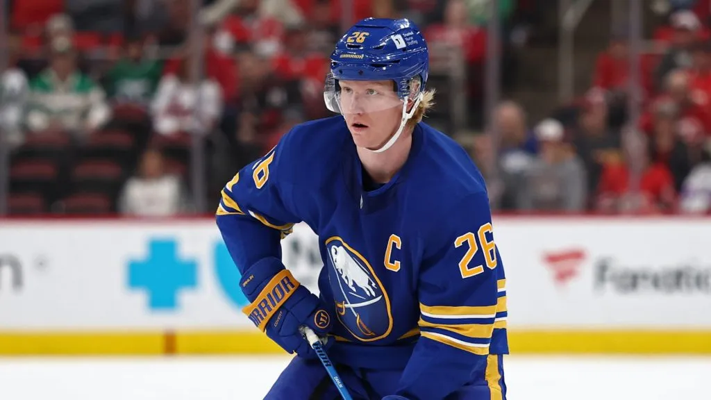 Rasmus Dahlin #26 of the Buffalo Sabres skates with the puck during the third period of the game against the Carolina Hurricanes at Lenovo Center on February 27, 2025 in Raleigh, North Carolina.