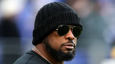 Head coach Mike Tomlin of the Pittsburgh Steelers looks on during warmups before the start of the Steelers and Baltimore Ravens game at M&T Bank Stadium on December 21, 2024 in Baltimore, Maryland.