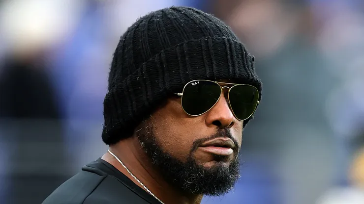 Head coach Mike Tomlin of the Pittsburgh Steelers looks on during warmups before the start of the Steelers and Baltimore Ravens game at M&T Bank Stadium on December 21, 2024 in Baltimore, Maryland.