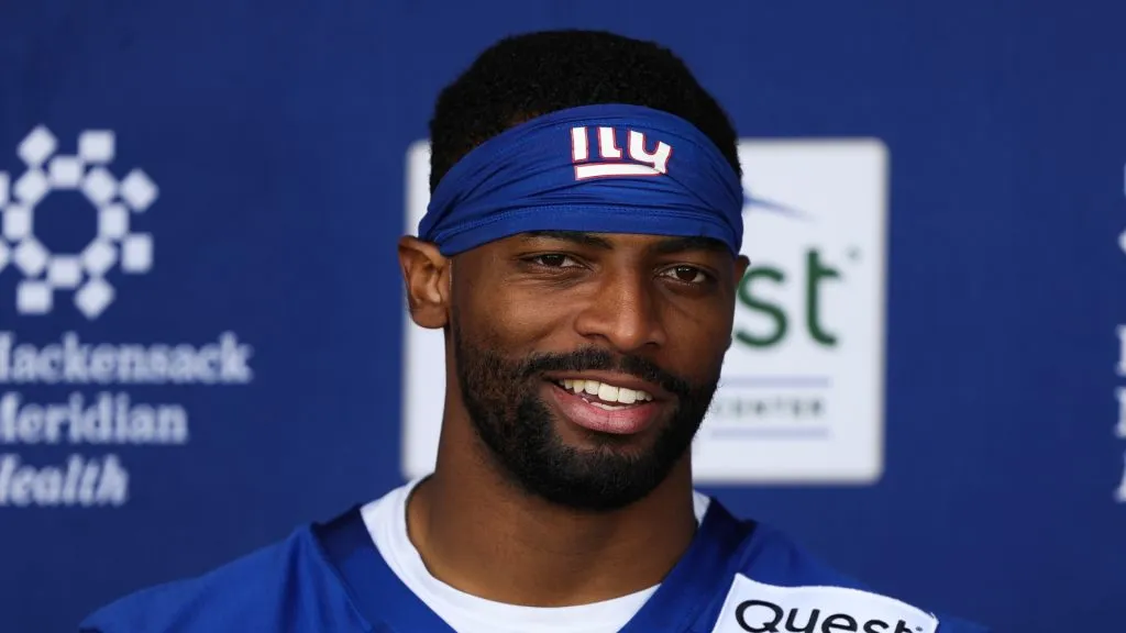 Darius Slayton #86 of the New York Giants speaks to the media during OTA Offseason Workouts at NY Giants Quest Diagnostics Training Center on May 30, 2024 in East Rutherford, New Jersey.