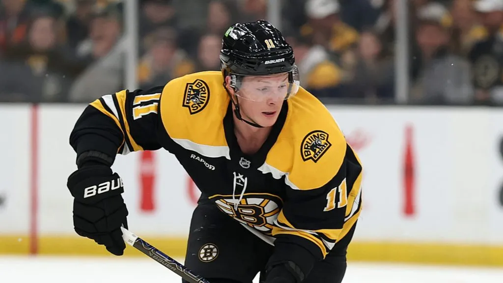 Trent Frederic #11 of the Boston Bruins during the third period of an NHL game against the Anaheim Ducks at TD Garden in Boston, Massachusetts.