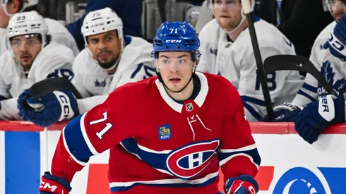 Jake Evans #71 of the Montreal Canadiens skates the puck during the second period against the Toronto Maple Leafs at the Bell Centre on January 18, 2025 in Montreal, Quebec, Canada. The Toronto Maple Leafs defeated the Montreal Canadiens 7-3.