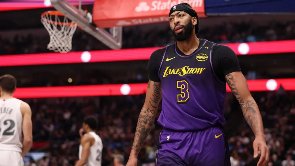 Anthony Davis #3 of the Los Angeles Lakers looks on during the first quarter against the Dallas Mavericks at American Airlines Center. (Sam Hodde/Getty Images)