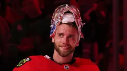 Spencer Knight #30 of the Chicago Blackhawks against the Los Angeles Kings at United Center on March 03, 2025.
