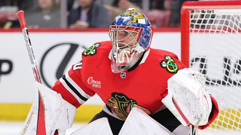 Spencer Knight #30 of the Chicago Blackhawks tends the net against the Los Angeles Kings during the third period at the United Center on March 03, 2025 in Chicago, Illinois.