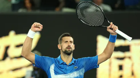 Novak Djokovic of Serbia celebrates winning match point against Tomas Machac of the Czech Republic in the 2025 Australian Open.