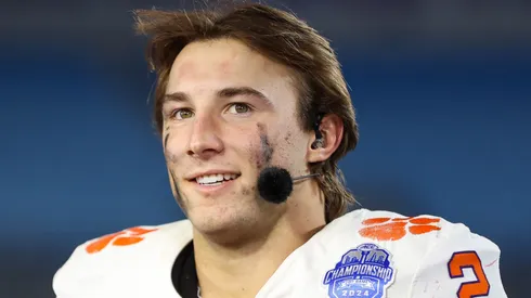 Cade Klubnik #2 of the Clemson Tigers looks on during an interview in ACC Huddle after the win against the SMU Mustangs, 34-31, at Bank of America Stadium on December 7, 2024 in Charlotte, North Carolina.