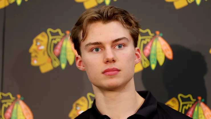 Connor Bedard of the Chicago Blackhawks looks on during a introductory press conference at Fifth Third Arena on June 30, 2023 in Chicago, Illinois.