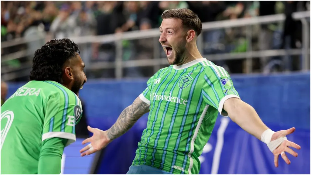 Paul Arriola of Seattle Sounders celebrates his goal with Jesus Ferreira – Steph Chambers/Getty Images