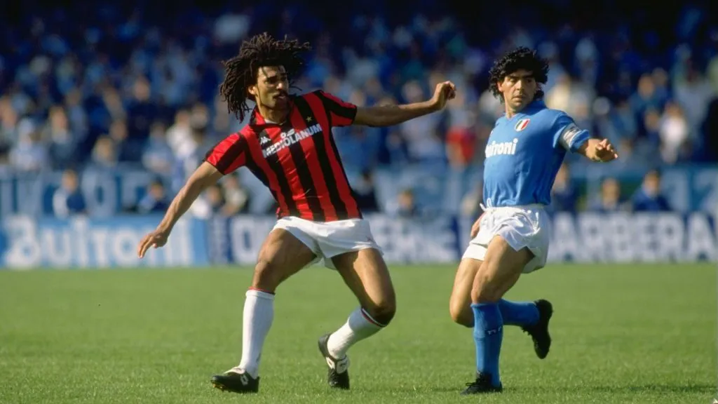 Ruud Gullit of AC Milan and Diego Maradona in action during the Italian Serie A in Napoli, Italy. (Allsport UK /Allsport/Getty Images)