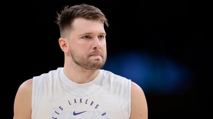 Luka Doncic #77 of the Los Angeles Lakers during warm up before the game against the Minnesota Timberwolves at Crypto.com Arena.