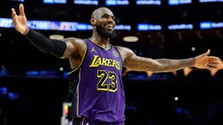 LeBron James #23 of the Los Angeles Lakers reacts during a 120-112 win against the Golden State Warriors in the second half at Crypto.com Arena on February 06, 2025 in Los Angeles, California.