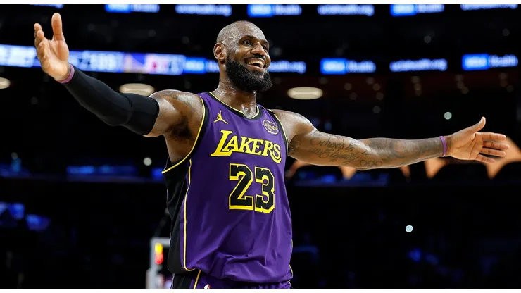 LeBron James #23 of the Los Angeles Lakers reacts during a 120-112 win against the Golden State Warriors in the second half at Crypto.com Arena on February 06, 2025 in Los Angeles, California.