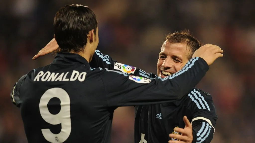 Cristiano Ronaldo celebrates with Rafael Van Der Vaart after Real Madrid scored their 4th goal during the La Liga match against Valladolid and Real Madrid on March 14, 2010.