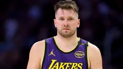 Luka Doncic #77 of the Los Angeles Lakers looks on during the first half of a game against the Dallas Mavericks at Crypto.com Arena on February 25, 2025 in Los Angeles, California.