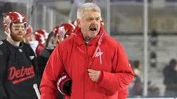 Head coach Todd McLellan of the Detroit Red Wings reacts during practice.