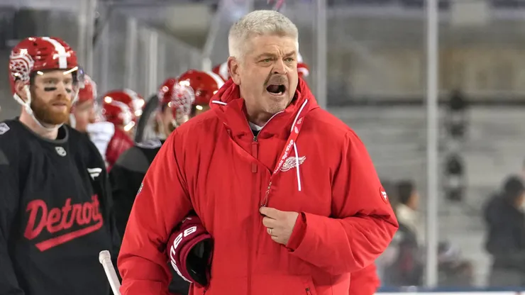 Head coach Todd McLellan of the Detroit Red Wings reacts during practice.