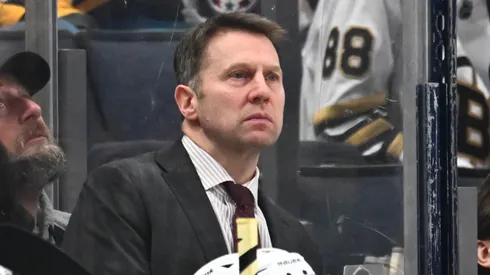 Interim head coach Joe Sacco of the Boston Bruins awaits a face-off following a Columbus Blue Jackets goal during the third period of a game against the Columbus Blue Jackets at Nationwide Arena on December 27, 2024 in Columbus, Ohio.