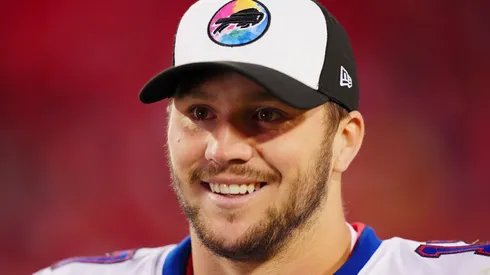 Josh Allen #17 of the Buffalo Bills reacts after defeating the Kansas City Chiefs 24-20 at Arrowhead Stadium on October 16, 2022 in Kansas City, Missouri.