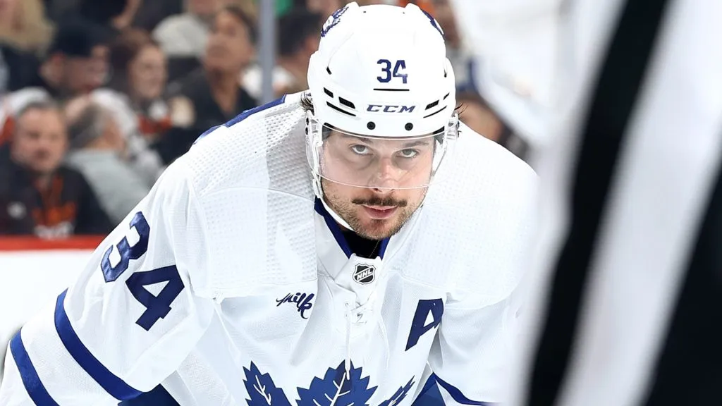Auston Matthews #34 of the Toronto Maple Leafs looks on during the third period against the Philadelphia Flyers at the Wells Fargo Center on March 14, 2024. (Source: Tim Nwachukwu/Getty Images)