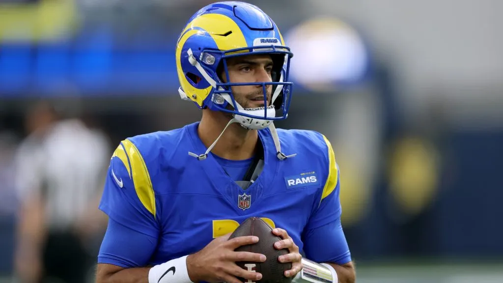 Jimmy Garoppolo #11 of the Los Angeles Rams looks to pass in the pocket during a 30-25 loss to the Seattle Seahawks at SoFi Stadium on January 05, 2025. (Source: Harry How/Getty Images)
