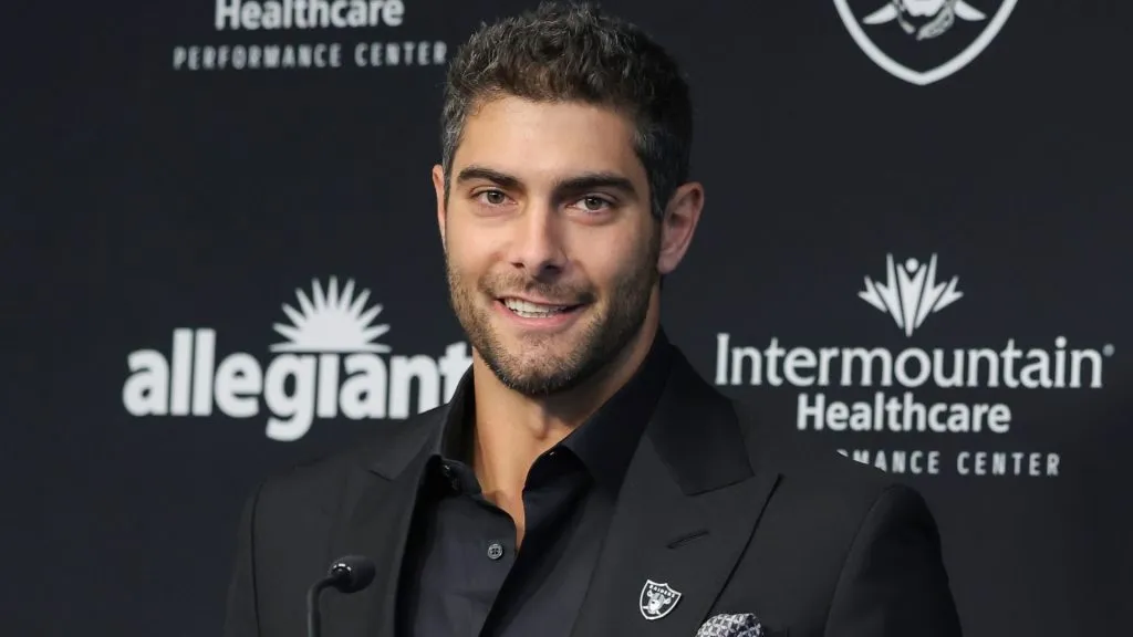Quarterback Jimmy Garoppolo is introduced at the Las Vegas Raiders Headquarters/Intermountain Healthcare Performance Center on March 17, 2023. (Source: Ethan Miller/Getty Images)