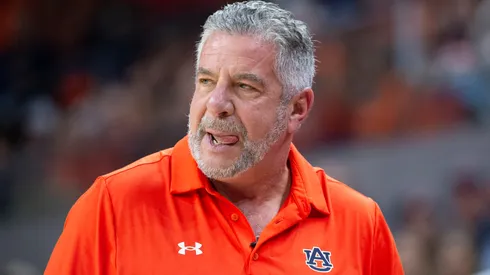 Head coach Bruce Pearl of the Auburn Tigers reacts to a call during the first half of their game against the Georgia Bulldogs at Neville Arena on February 22, 2025 in Auburn, Alabama.