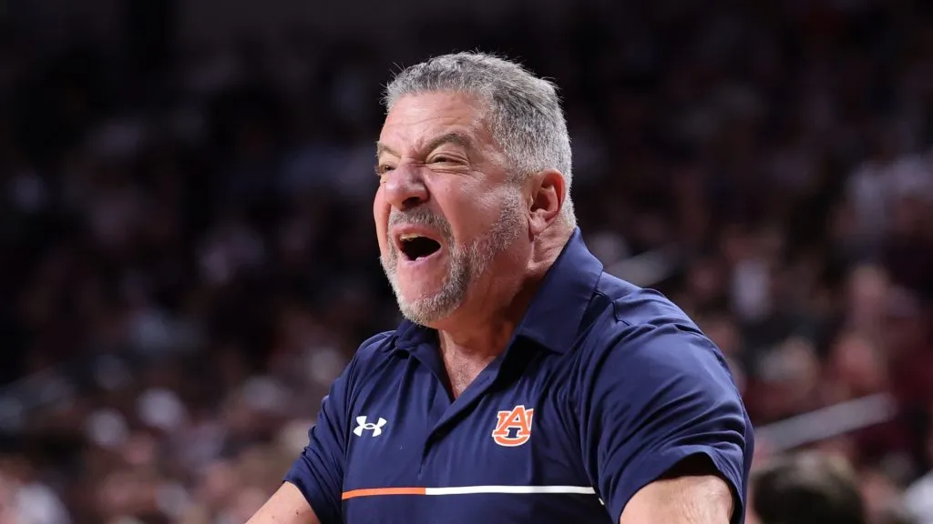 Head coach Bruce Pearl of the Auburn Tigers reacts against the Texas A&amp;M Aggies during the first half at Reed Arena on March 04, 2025 in College Station, Texas.