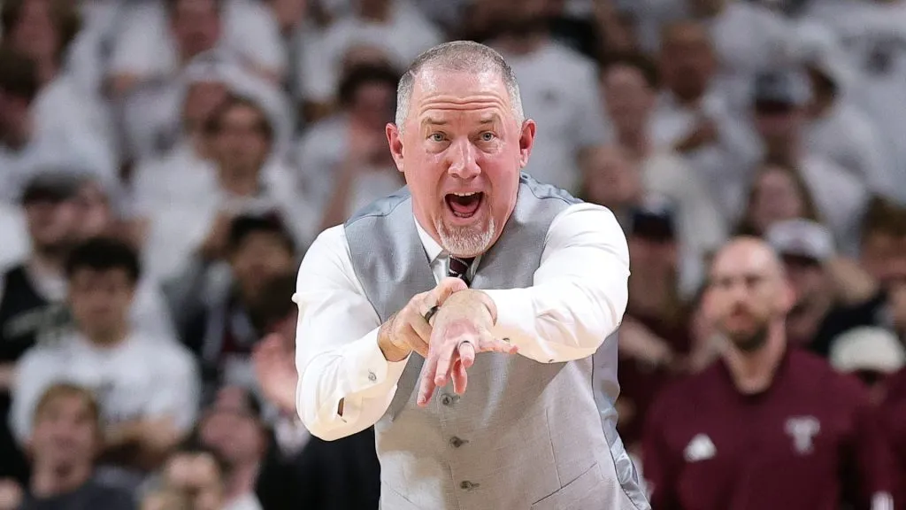 Head coach Buzz Williams of the Texas A&amp;M Aggies reacts against the Auburn Tigers during the second half at Reed Arena on March 04, 2025 in College Station, Texas.