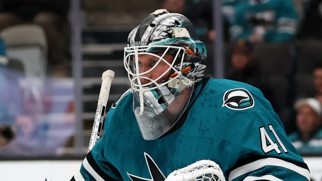 Vitek Vanecek #41 of the San Jose Sharks in action against the Utah Hockey Club at SAP Center on December 14, 2024 in San Jose, California.
