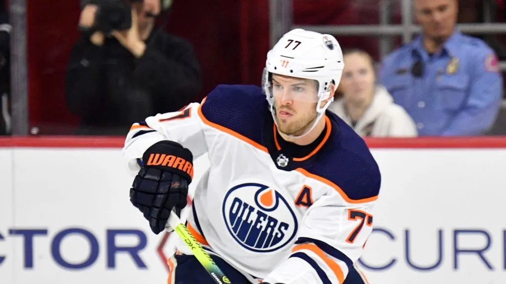 Oscar Klefbom #77 of the Edmonton Oilers skates against the Carolina Hurricanesduring the second period at PNC Arena on February 16, 2020 in Raleigh, North Carolina.
