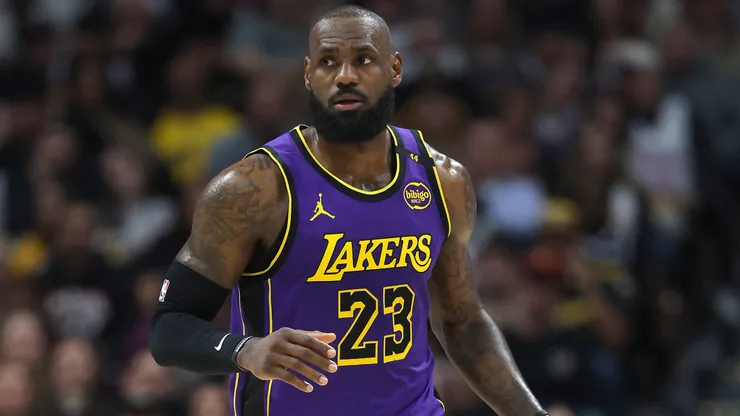 Lebron James #23 of the Los Angeles Lakers plays the Denver Nuggets in the first quarter at Ball Arena.