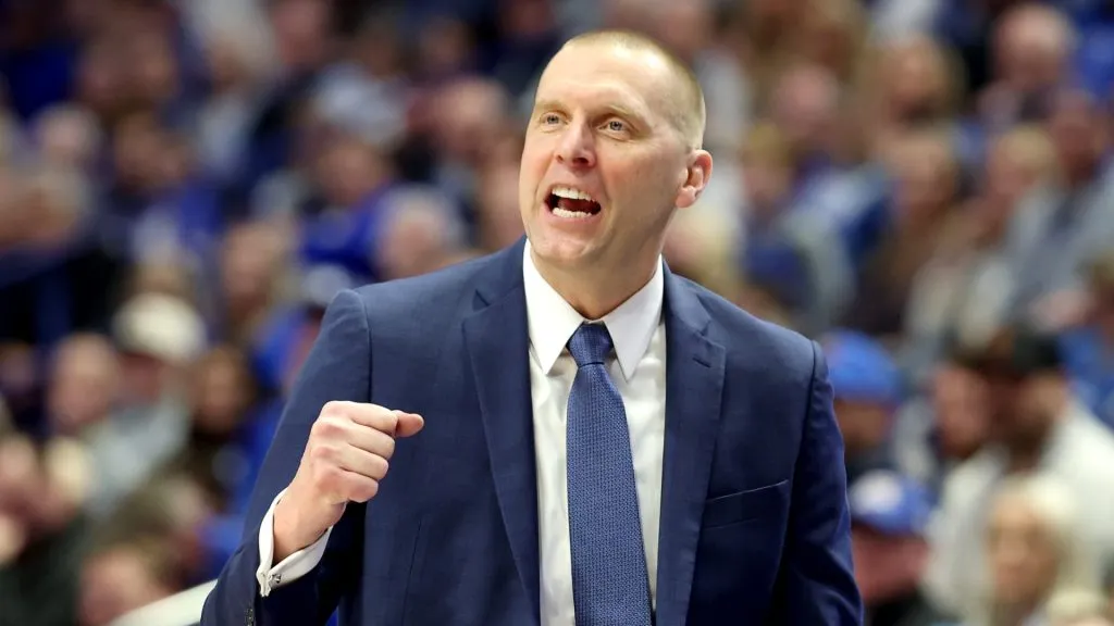 Mark Pope the head coach of the Kentucky Wildcats gives instructions to his team against the Texas A&amp;M Aggies at Rupp Arena on January 14, 2025 in Lexington, Kentucky.