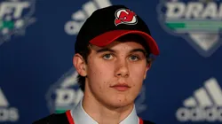 Jack Hughes speaks to the media after being selected first overall by the New Jersey Devils during the first round of the 2019 NHL Draft at Rogers Arena on June 21, 2019 in Vancouver, Canada.