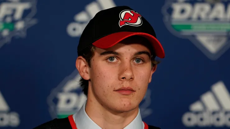 Jack Hughes speaks to the media after being selected first overall by the New Jersey Devils during the first round of the 2019 NHL Draft at Rogers Arena on June 21, 2019 in Vancouver, Canada.