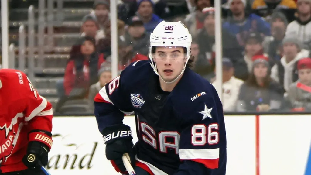 Jack Hughes #86 of Team USA skates against Team Canada in the NHL 4 Nations Face-Off Championship Game at TD Garden on February 20, 2025 in Boston, Massachusetts.