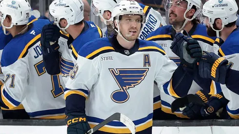 Robert Thomas #18 of the St. Louis Blues celebrates a goal against the Los Angeles Kings in the second period at Crypto.com Arena on March 05, 2025 in Los Angeles, California.