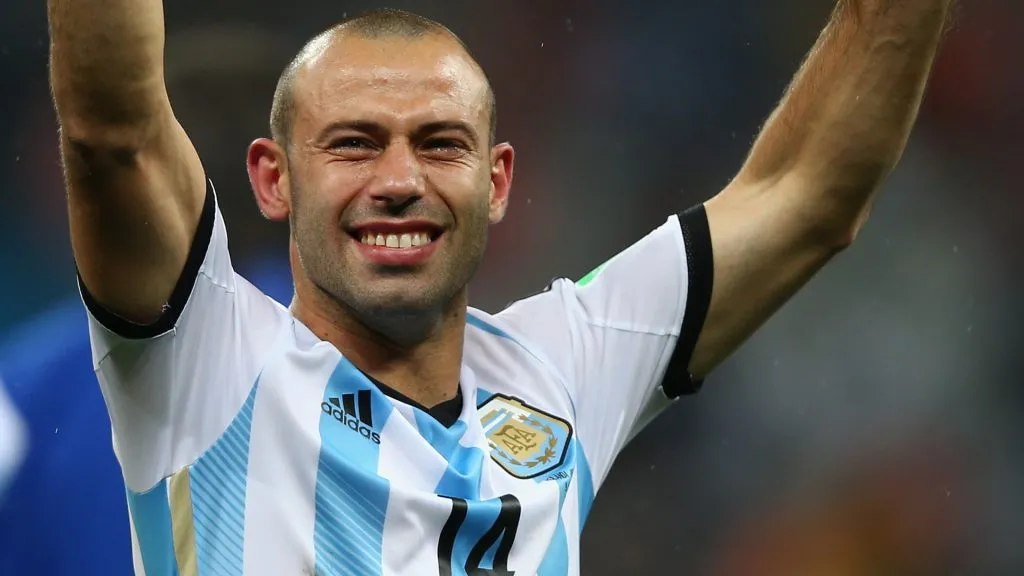 Javier Mascherano of Argentina celebrate defeating the Netherlands in a shootout during the 2014 FIFA World Cup Brazil Semi Final match between the Netherlands and Argentina. (Source: Clive Rose/Getty Images)