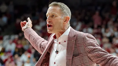 Head coach Nate Oats of the Alabama Crimson Tide reacts to a first half foul called against his team as they take on the Florida Gators at Coleman Coliseum on March 5, 2025 in Tuscaloosa, Alabama.