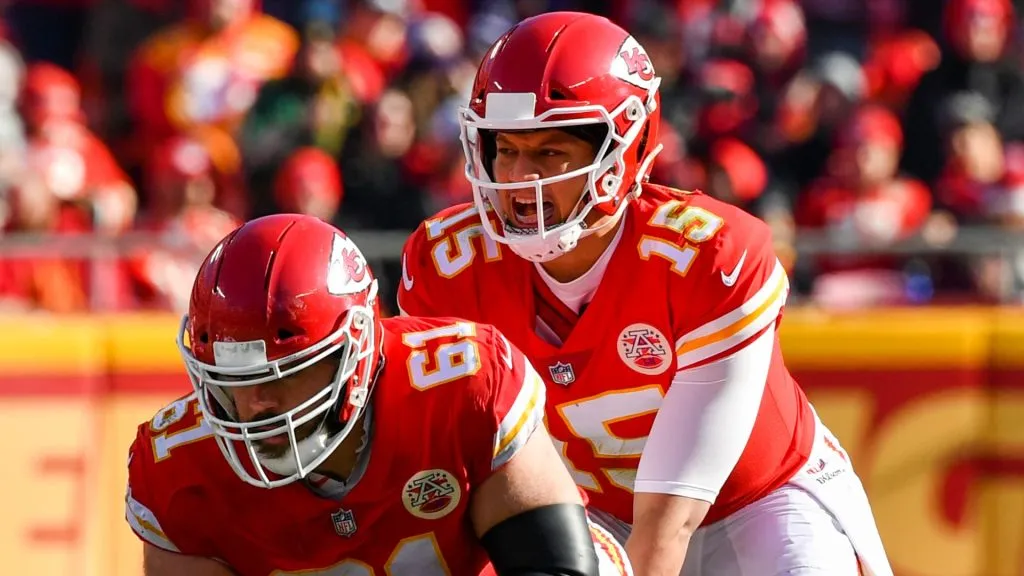 Patrick Mahomes #15 of the Kansas City Chiefs waits under center Mitch Morse #61 for the snap during the second quarter of the game against the against the Baltimore Ravens at Arrowhead Stadium on December 9, 2018 in Kansas City, Missouri.