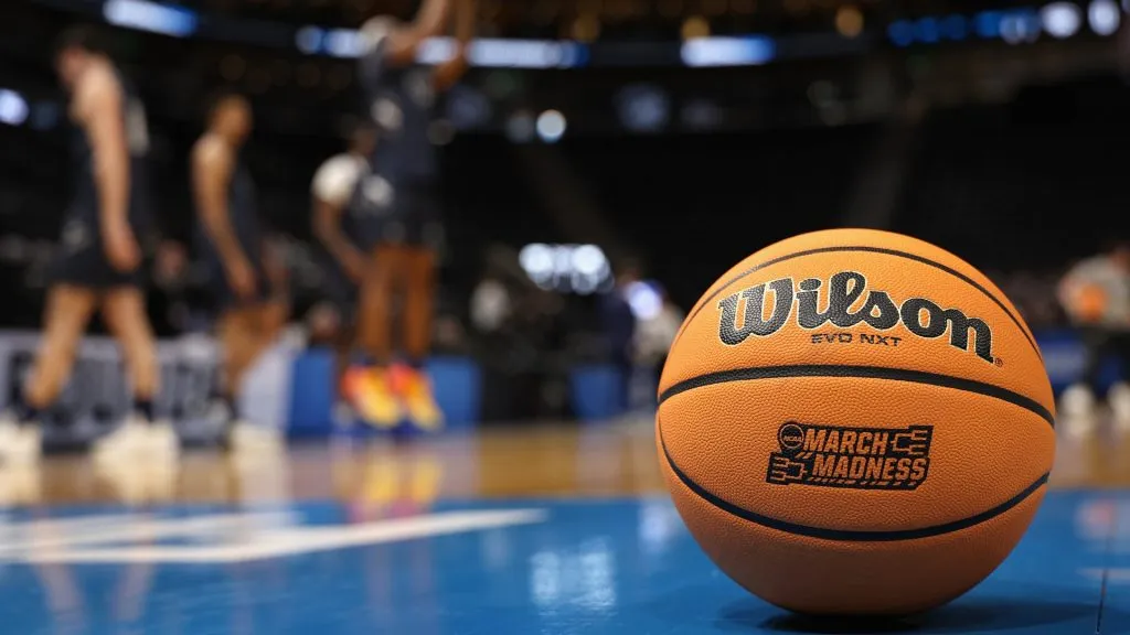 Detail of a basketball on the court as Nevada Wolf Pack practice ahead of the NCAA Men’s Basketball Tournament at Delta Center on March 20, 2024. (Source: Christian Petersen/Getty Images)