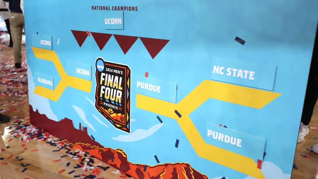A detail view of the bracket after the Connecticut Huskies beat the Purdue Boilermakers 75-60 to win the NCAA Men’s Basketball Tournament National Championship in 2024 (Source: Jamie Squire/Getty Images)