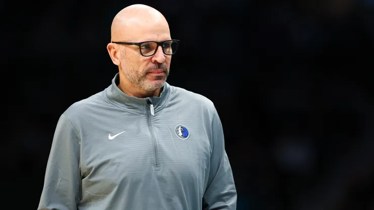 Head Coach Jason Kidd of the Dallas Mavericks looks on during the first half of a basketball game against the Charlotte Hornets at Spectrum Center.