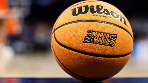 A detailed view of the NCAA March Madness logo on a Wilson Evo NXT Match Ball during the second half in the first round of the NCAA Men's Basketball Tournament in 2023.