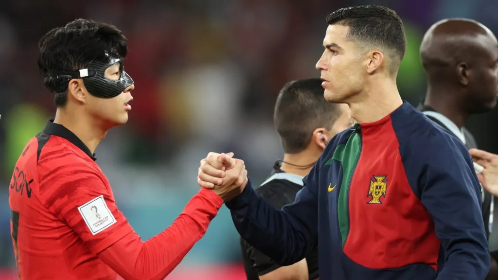 Heungmin Son embraces Cristiano Ronaldo prior to the FIFA World Cup Qatar 2022 Group H match between Korea Republic and Portugal.