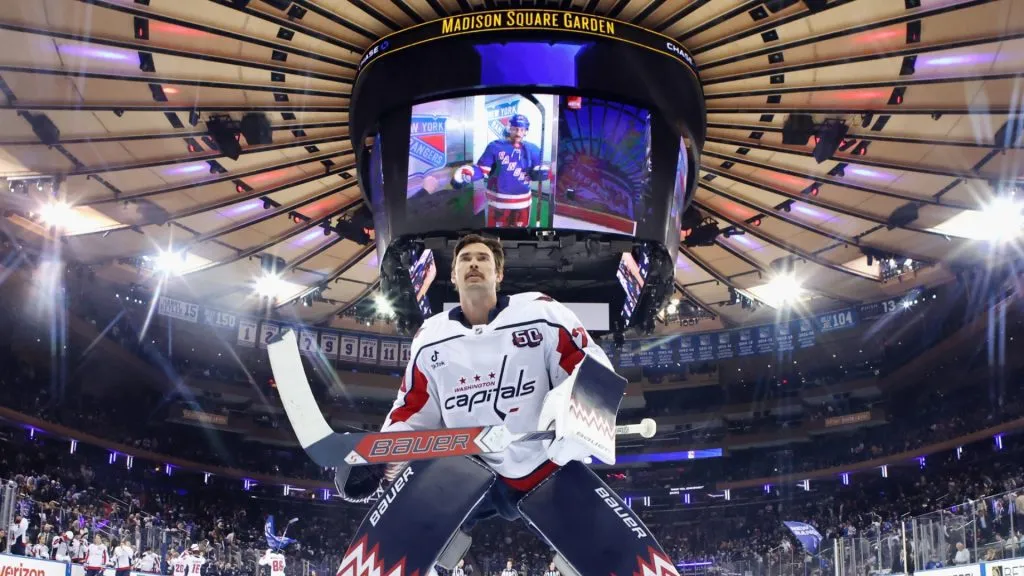 Charlie Lindgren #79 of the Washington Capitals prepares to play against the New York Rangers at Madison Square Garden on March 05, 2025 in New York City.