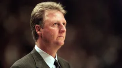 Head coach Larry Bird of the Indiana Pacers looks on during the game against the New York Knicks at Market Square Arena.